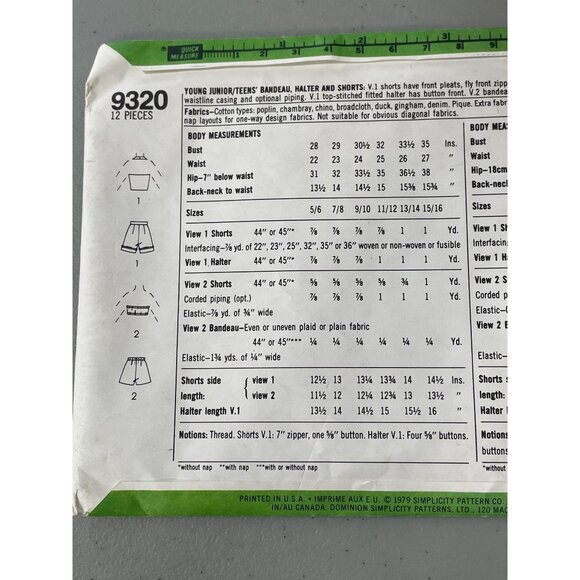 80s Simplicity 9320 Junior Sewing Pattern Size 9/10 Bandeau Halter Shorts CUT - Picture 4 of 6